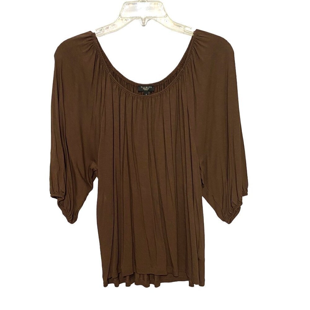 Talbots Brown Knit Flowy Blouse Balloon‎ Sleeve Scoop Neck Women's Small NWOT
